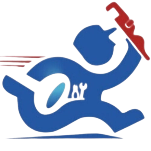 Blue cartoon figure running with a red pipe wrench, tools in its pocket, and motion lines behind—perfect for highlighting a plumber in Tampa.
